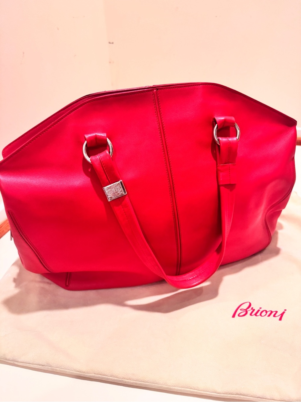 BRIONI Red Calfskin Leather Oversized Tote Bag + Dust Bag